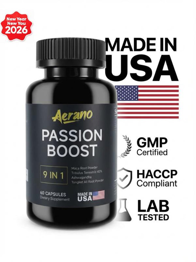 Aerano Passion Boost 9 in 1 Capsules - Ginseng Ashwagandha Ginkgo & Tribulus Herbal Supplement for Energy Stamina & Brain Health Made in USA GMP Certified HACCP Compliant Lab Tested
