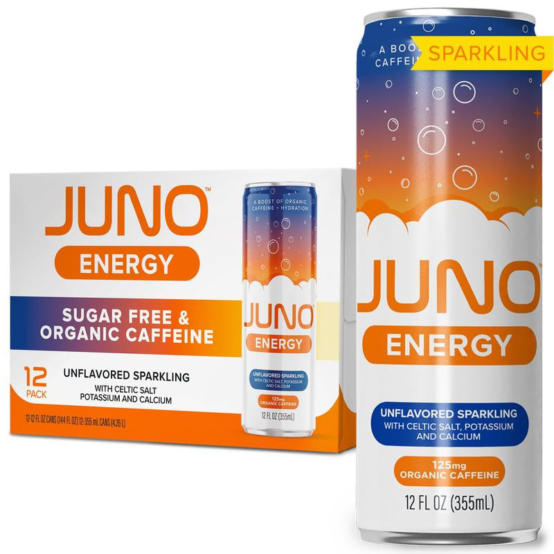 JUNO ENERGY Organic Sparkling Energy Drink – Zero Sugar, Clean Caffeine & Electrolytes – 12 Pack