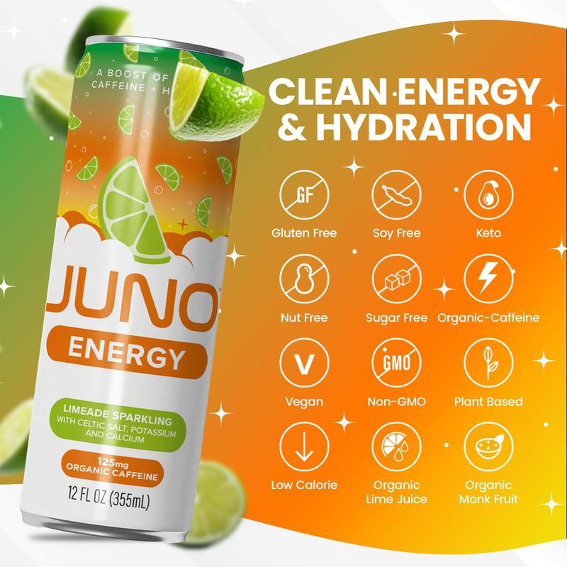JUNO ENERGY Organic Sparkling Energy Drink – Zero Sugar, Clean Caffeine & Electrolytes – 12 Pack
