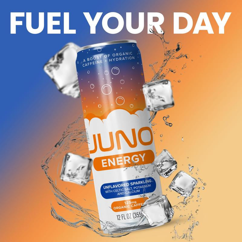 JUNO ENERGY Organic Sparkling Energy Drink – Zero Sugar, Clean Caffeine & Electrolytes – 12 Pack