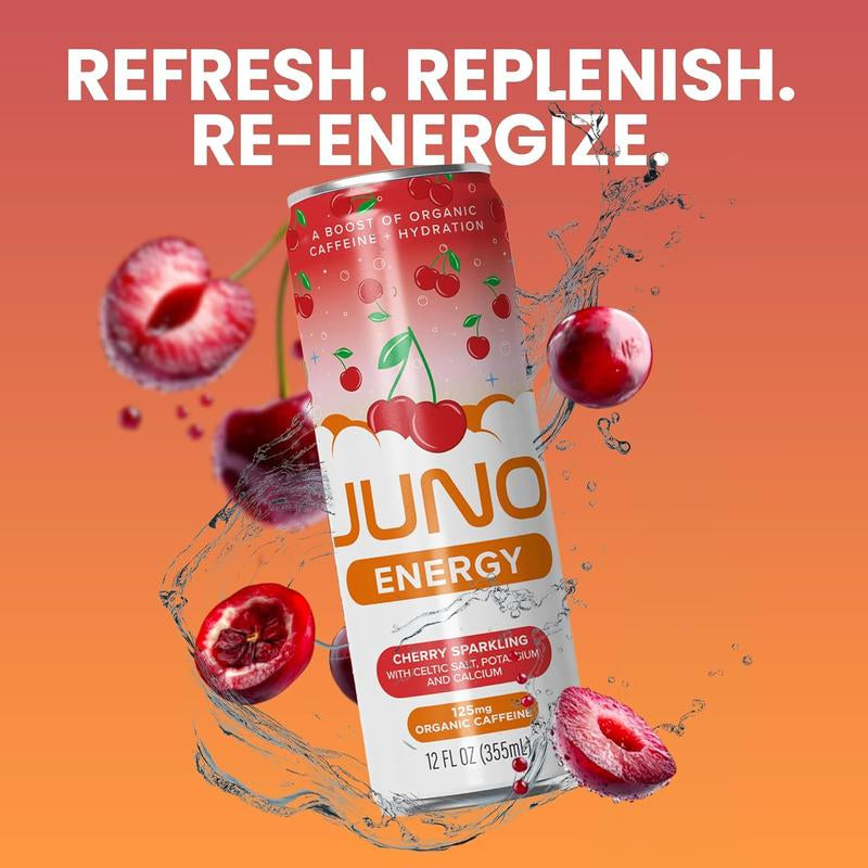 JUNO ENERGY Organic Sparkling Energy Drink – Zero Sugar, Clean Caffeine & Electrolytes – 12 Pack
