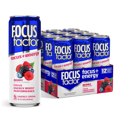 FOCUS FACTOR Focus + Energy Drinks - Zero Sugar - Pack of 12 - 120Mg Caffeine - Nootropics & B-Vitamins - Original, Berry or Orange Flavor - for Focus, Energy, Productivity & Performance