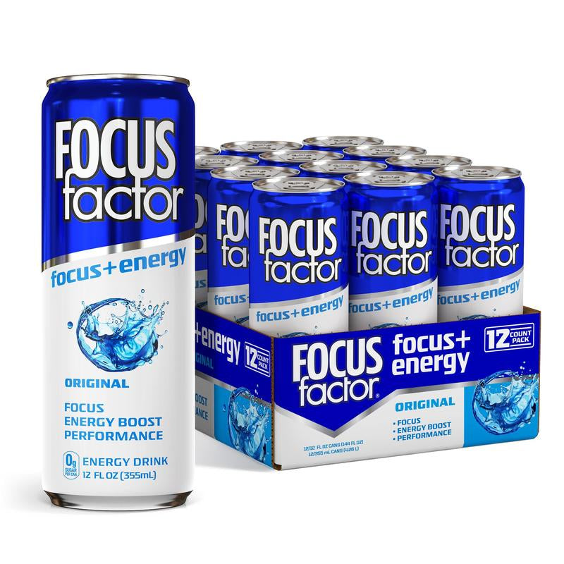 FOCUS FACTOR Focus + Energy Drinks - Zero Sugar - Pack of 12 - 120Mg Caffeine - Nootropics & B-Vitamins - Original, Berry or Orange Flavor - for Focus, Energy, Productivity & Performance