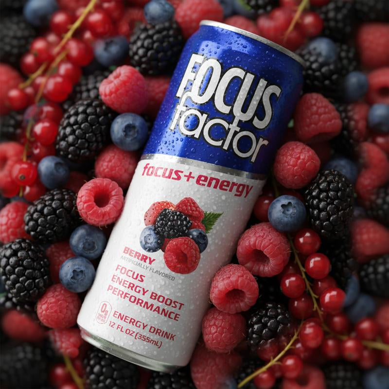 FOCUS FACTOR Focus + Energy Drinks - Zero Sugar - Pack of 12 - 120Mg Caffeine - Nootropics & B-Vitamins - Original, Berry or Orange Flavor - for Focus, Energy, Productivity & Performance