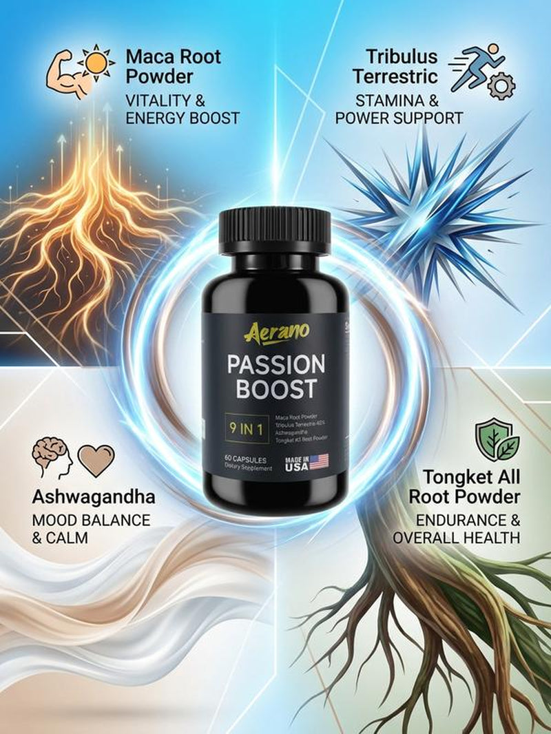 Aerano Passion Boost 9 in 1 Capsules - Ginseng Ashwagandha Ginkgo & Tribulus Herbal Supplement for Energy Stamina & Brain Health Made in USA GMP Certified HACCP Compliant Lab Tested