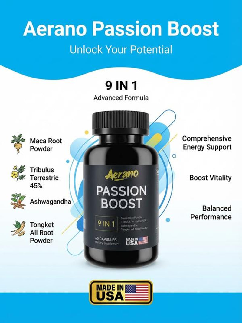Aerano Passion Boost 9 in 1 Capsules - Ginseng Ashwagandha Ginkgo & Tribulus Herbal Supplement for Energy Stamina & Brain Health Made in USA GMP Certified HACCP Compliant Lab Tested