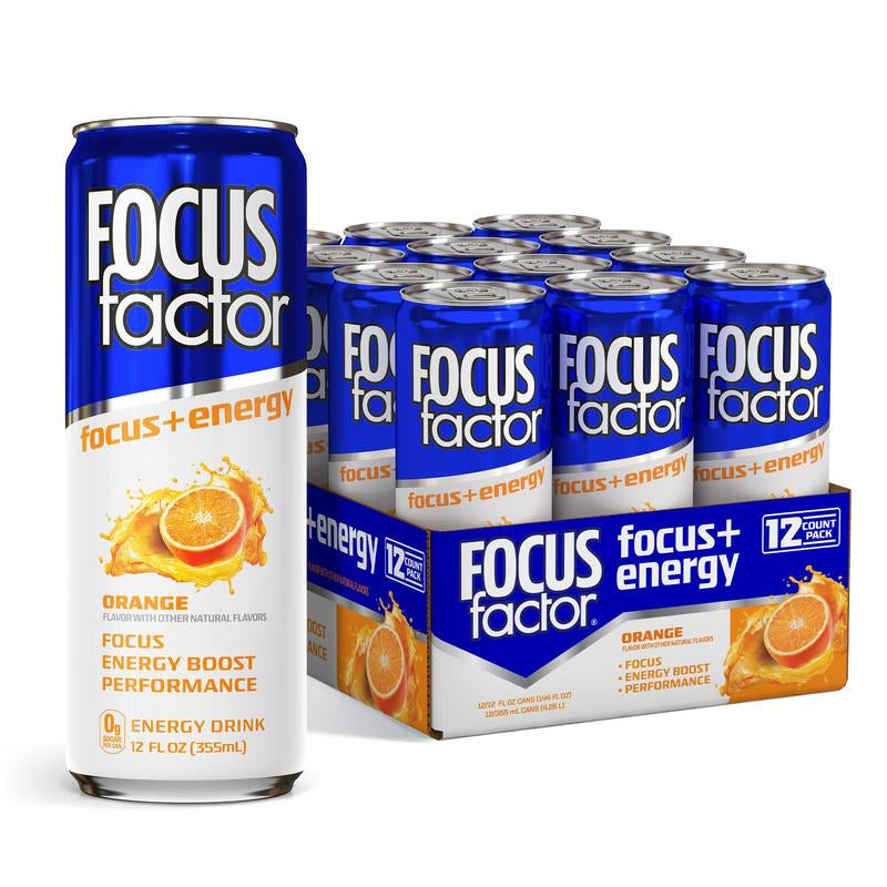 FOCUS FACTOR Focus + Energy Drinks - Zero Sugar - Pack of 12 - 120Mg Caffeine - Nootropics & B-Vitamins - Original, Berry or Orange Flavor - for Focus, Energy, Productivity & Performance