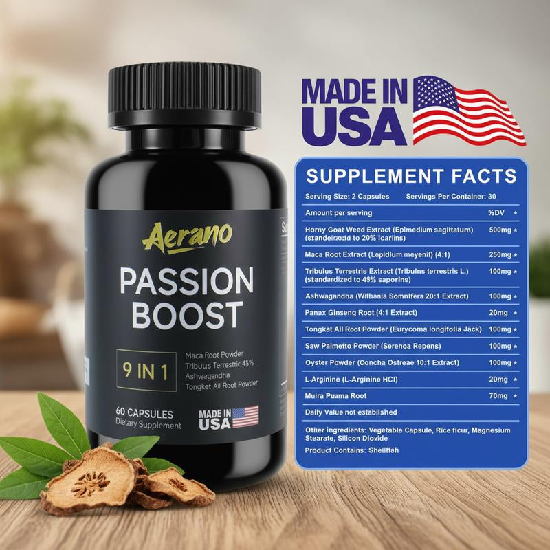 Aerano Passion Boost 9 in 1 Capsules - Ginseng Ashwagandha Ginkgo & Tribulus Herbal Supplement for Energy Stamina & Brain Health Made in USA GMP Certified HACCP Compliant Lab Tested