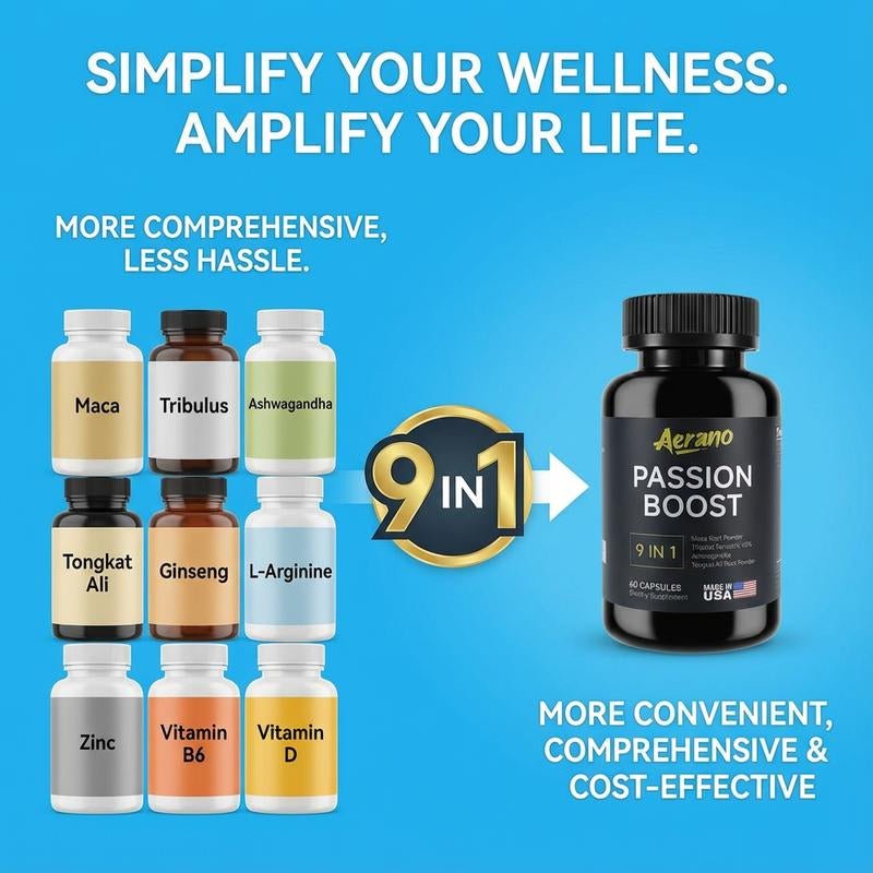 Aerano Passion Boost 9 in 1 Capsules - Ginseng Ashwagandha Ginkgo & Tribulus Herbal Supplement for Energy Stamina & Brain Health Made in USA GMP Certified HACCP Compliant Lab Tested