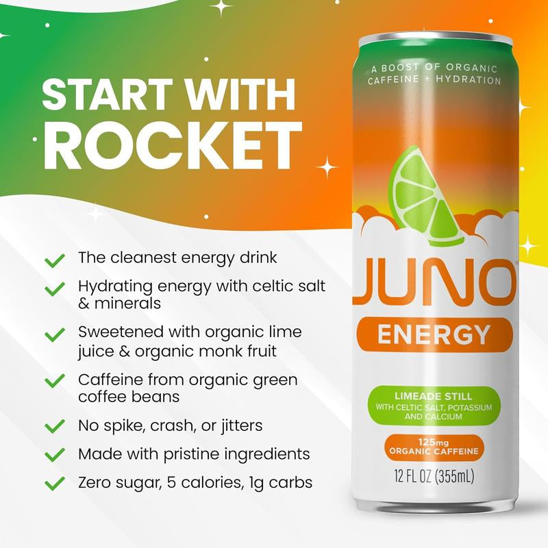 JUNO ENERGY Organic Sparkling Energy Drink – Zero Sugar, Clean Caffeine & Electrolytes – 12 Pack