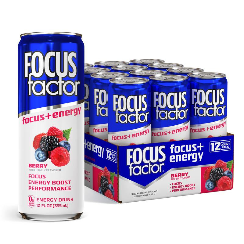 FOCUS FACTOR Focus + Energy Drinks - Zero Sugar - Pack of 12 - 120Mg Caffeine - Nootropics & B-Vitamins - Original, Berry or Orange Flavor - for Focus, Energy, Productivity & Performance