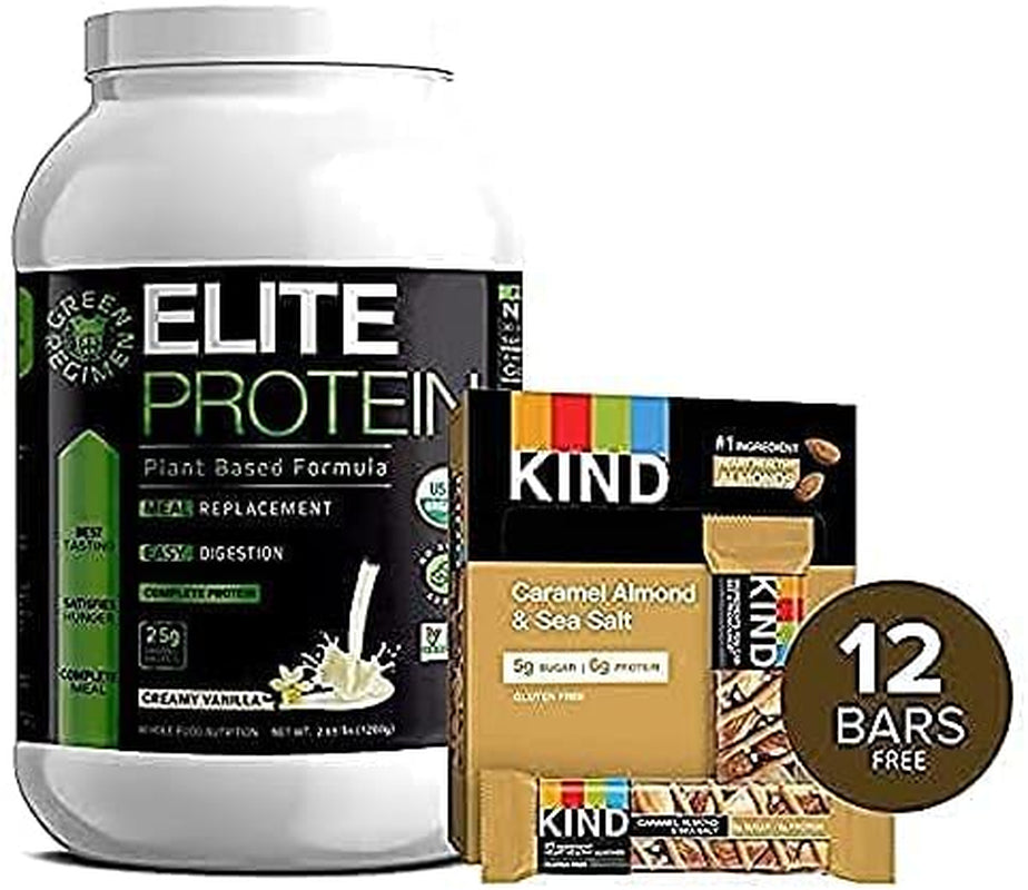 Elite Protein Powder - Vegan, Organic Plant Based Protein Powder, Pea and Hemp Protein, Muscle Recovery and Meal Replacement Protein Shake with 12 Kind Protein Bars (Vanilla - 1.24 Lbs)